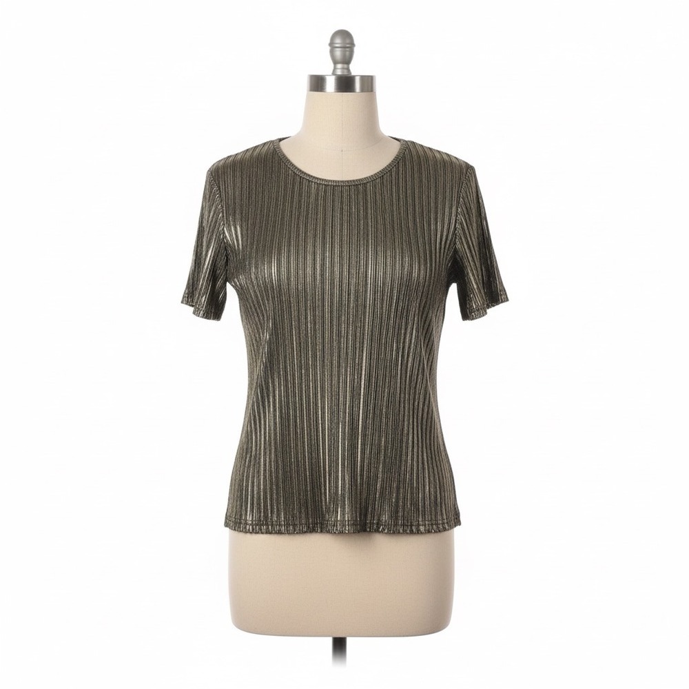 Marshall Rousso Blouse M Gold Plissé Pleated Metallic Disco Glam Party Y2K‎ Chic
